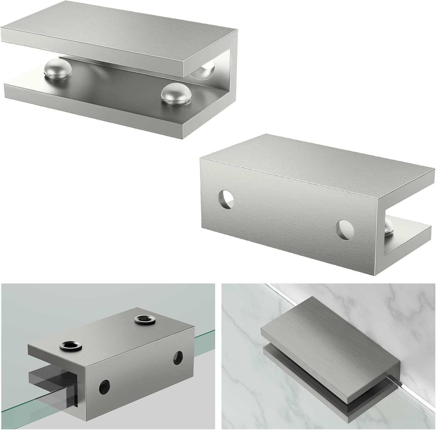 Ranbo 2 Pcs Solid Brass Glass Shelf Brackets, Heavy Duty 4mm Thick Design，for 1/4" to 1/2" Frameless Glass Panels, Wall Mount Support Clips for Shower and Shelves, Brushed Gold