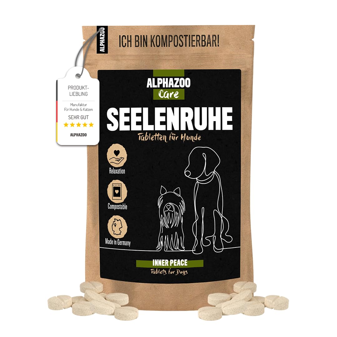 alphazoo Seelenruhe Tabletten für Hunde 180g - Ergänzungsfuttermittel mit Baldrian Melisse Hopfen - mit Hanföl & Taigawurzel - ohne künstliche Zusätze - für Gewitter Silvester Autofahrt
