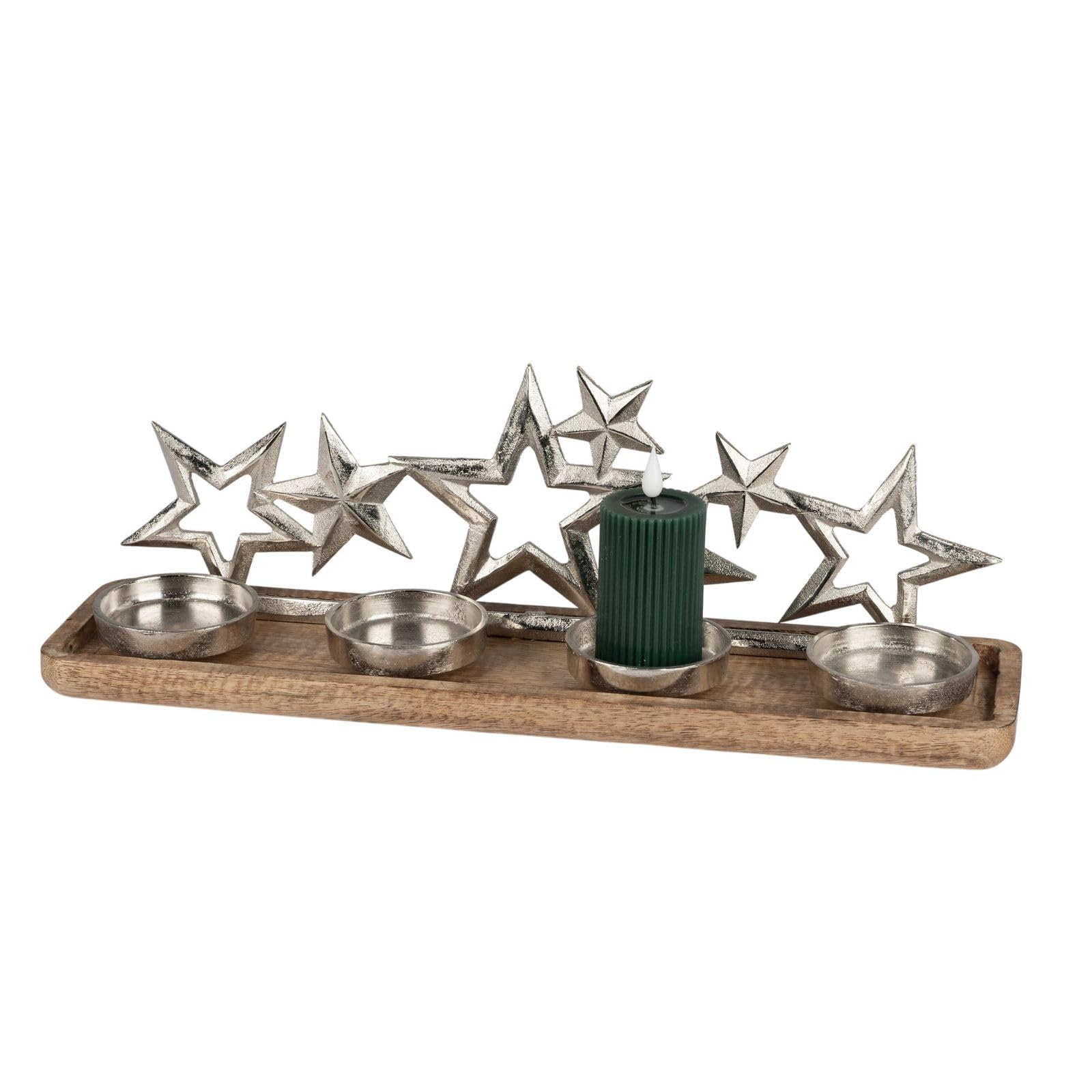 formano Świecznik adwentowy 4-żarówkowy 46 x 12 cm z drewna mango | Srebrne aluminium, motyw gwiazdy, wielokolorowy, 4 miejsca na świece, nowoczesna dekoracja adwentowa