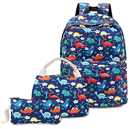 Dinosaure Cartable Garçon pour Primaire Collège, Sac à Dos Scolaire avec Sac à Lunch Sac à Crayons (Bleu) Cover