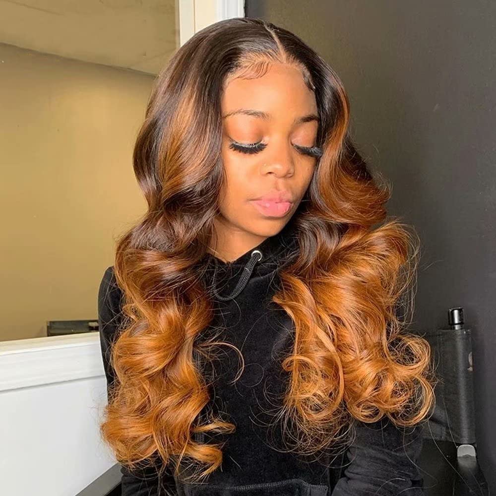 ten chopsticks 1B/30 Ombre Body Wave Human Hair 13X6 Lace Front Wigs HD Transparent Lace Pre Plucked 180% Density Highlighted Deep Parting Lace Front Human Hair Wigs Baby Hair Bleached Knots 14Inch