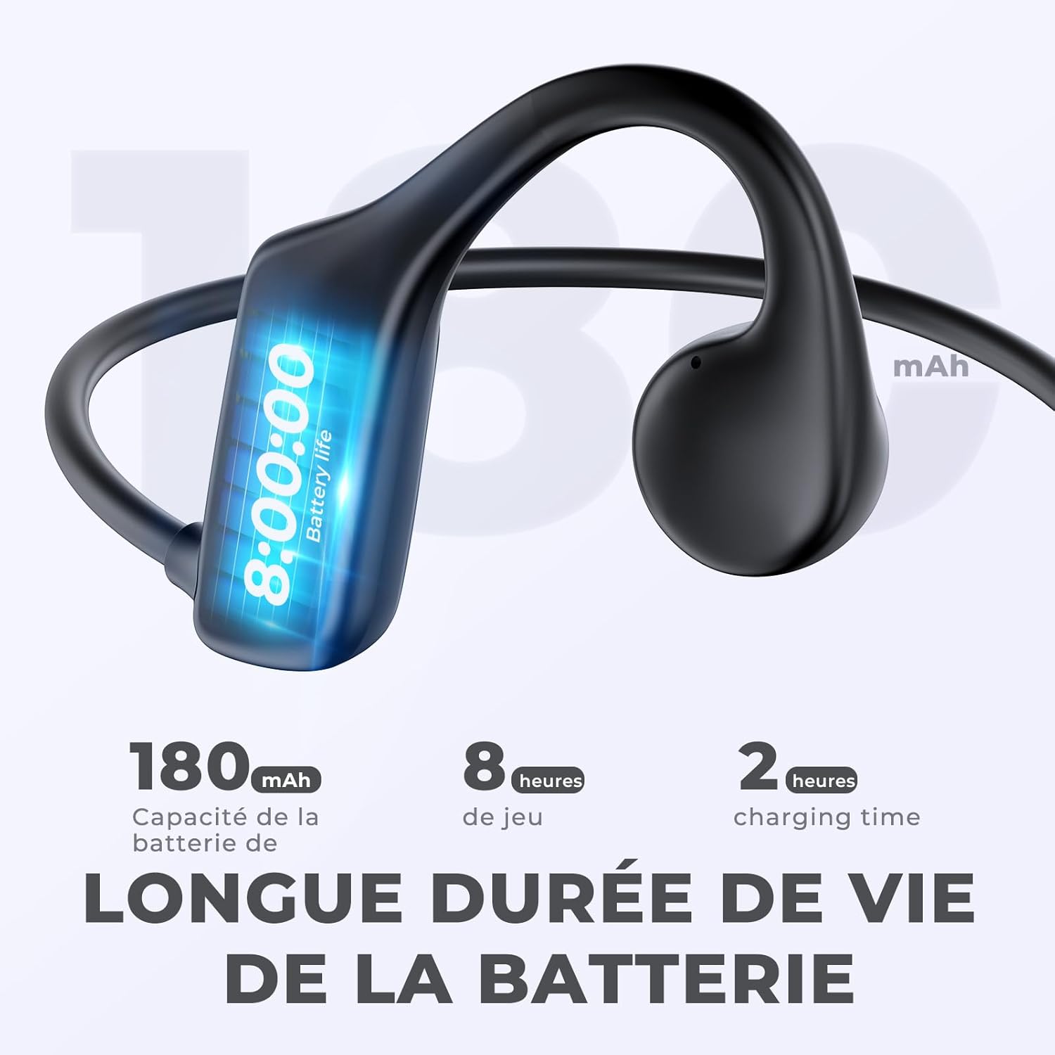 Relxhome AS19 headphones displaying 8 hours battery life and 2 hours charging time, with 180mAh battery capacity.