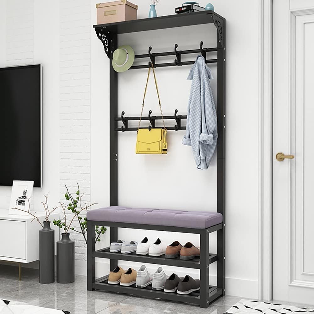 MYUYEE Metal Shoe Rack Shoe Rack With Seat Coat Rack Clothes Rack Upholstered Bench For The Entrance Area For Entrance Area Hallway Living Room(C-80Cm)