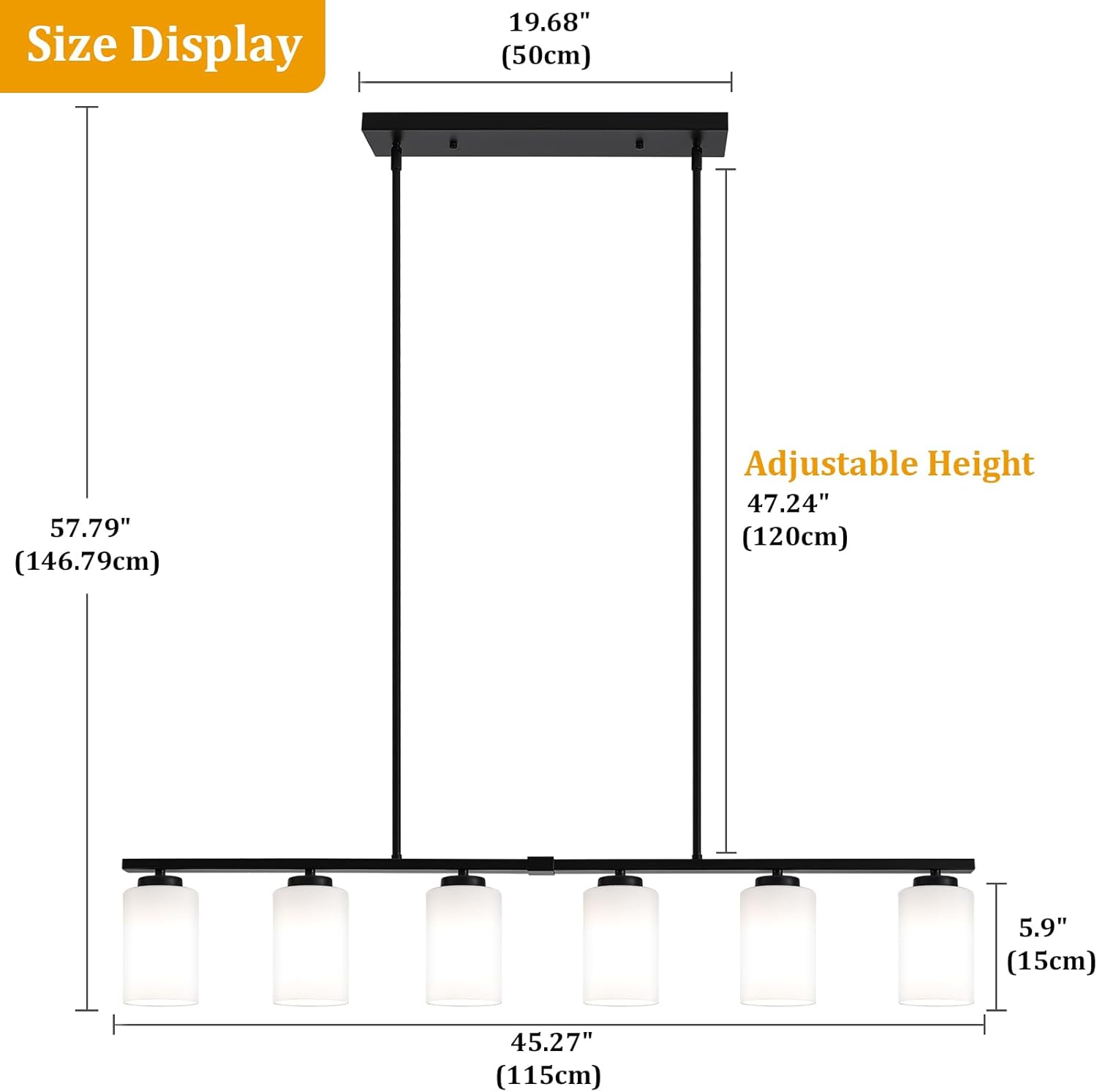 45.27'' Modern Farmhouse Kitchen Island Light, 6-Light Island Lights for Kitchen, Dining Room Light Fixture, Black Hanging Pendant Light with Milk Glass Shade, Linear Chandelier with Adjustable Rod