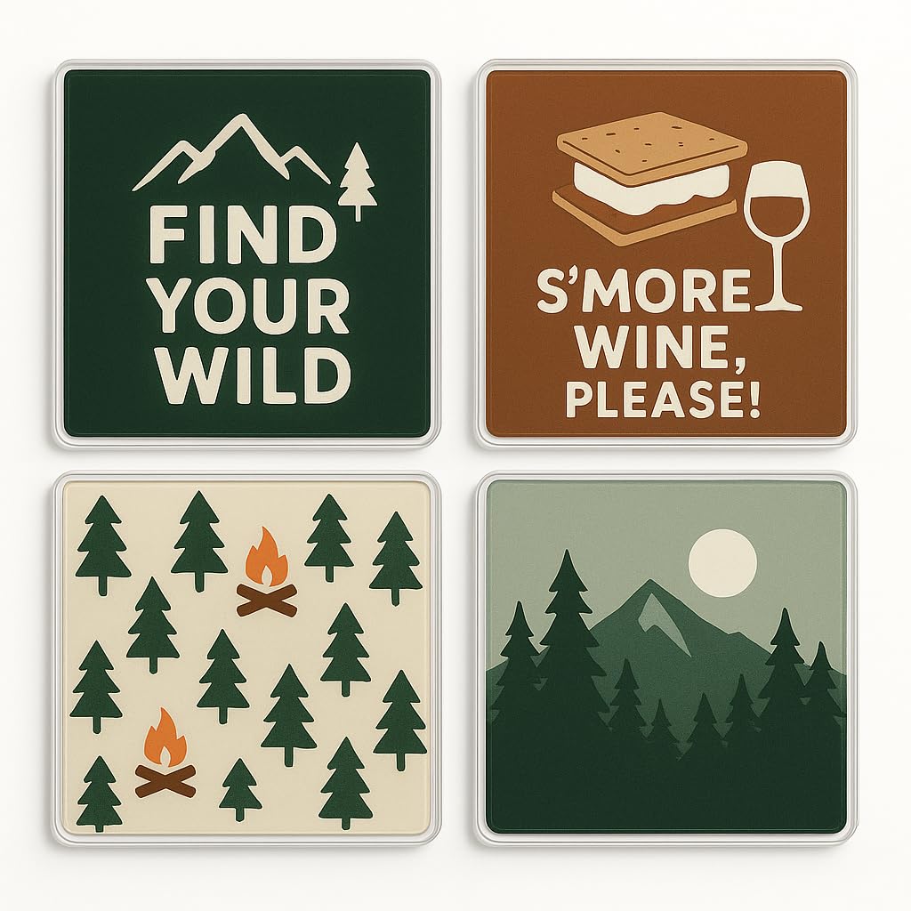 The Plum Penguin Campfire Echoes Acrylic Coaster Gift Set Of 4 With Design - Nature-Inspired Drinkware For Camping Lover Celebration