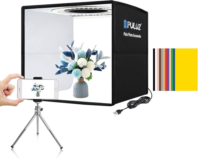 PULUZ Mini caja de luz para estudio fotográfico, kit de tienda para sesión de fotos, tienda de campaña plegable portátil con luz CRI >95, 104 piezas de luz LED y 6 tipos de fondos de color de doble cara para productos de tamaño pequeño