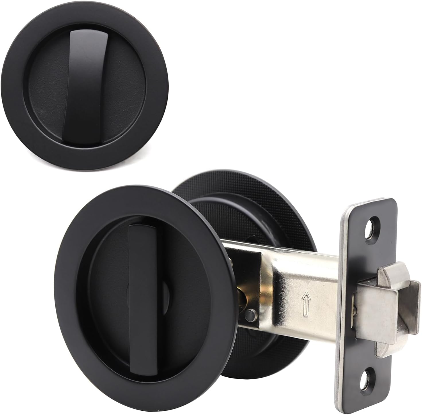Dontay Pocket Door Passage Lock, Double Sided Rotation, Privacy (Bed/Bath) Latch, Flush, Large Locking Lever, Hardware for 1 3/8” to 2 3/16” Thickness Door (Matte Black, Round - 1 Pack)