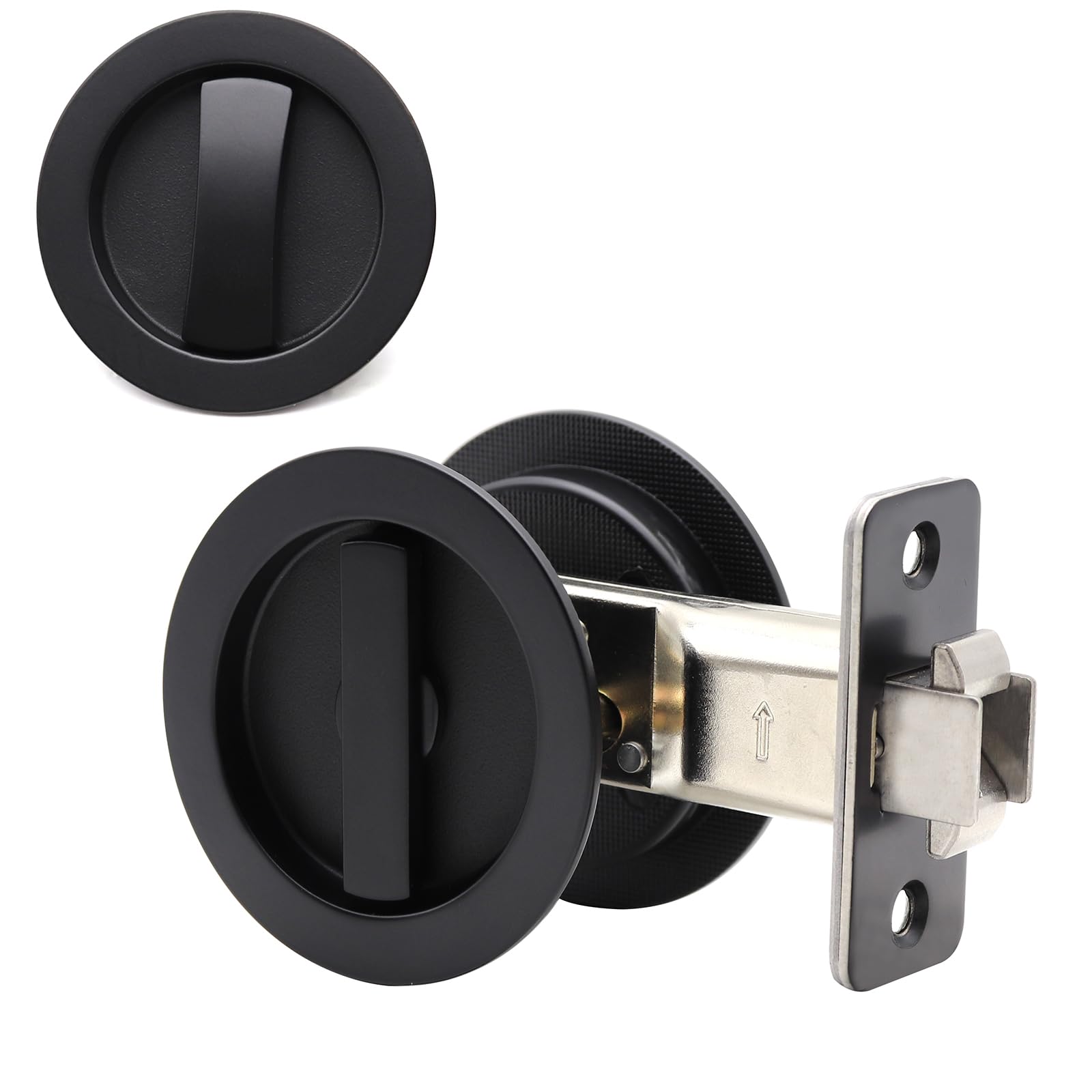 DontayPocket Door Passage Lock, Double Sided Rotation, Privacy (Bed/Bath) Latch, Flush, Large Locking Lever, Hardware for 1 3/8” to 2 3/16” Thickness Door (Matte Black, Round - 1 Pack)