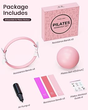 Pilates Ring Set Pilates Kit with 14 Magic Circle Dual Padded Handles,9.8 Mini Ball,3 Resistance Bands(15, 25, 35 lbs),Pump&Workout Guide,Pilates Equipment for Strength,Flexibility,Toning