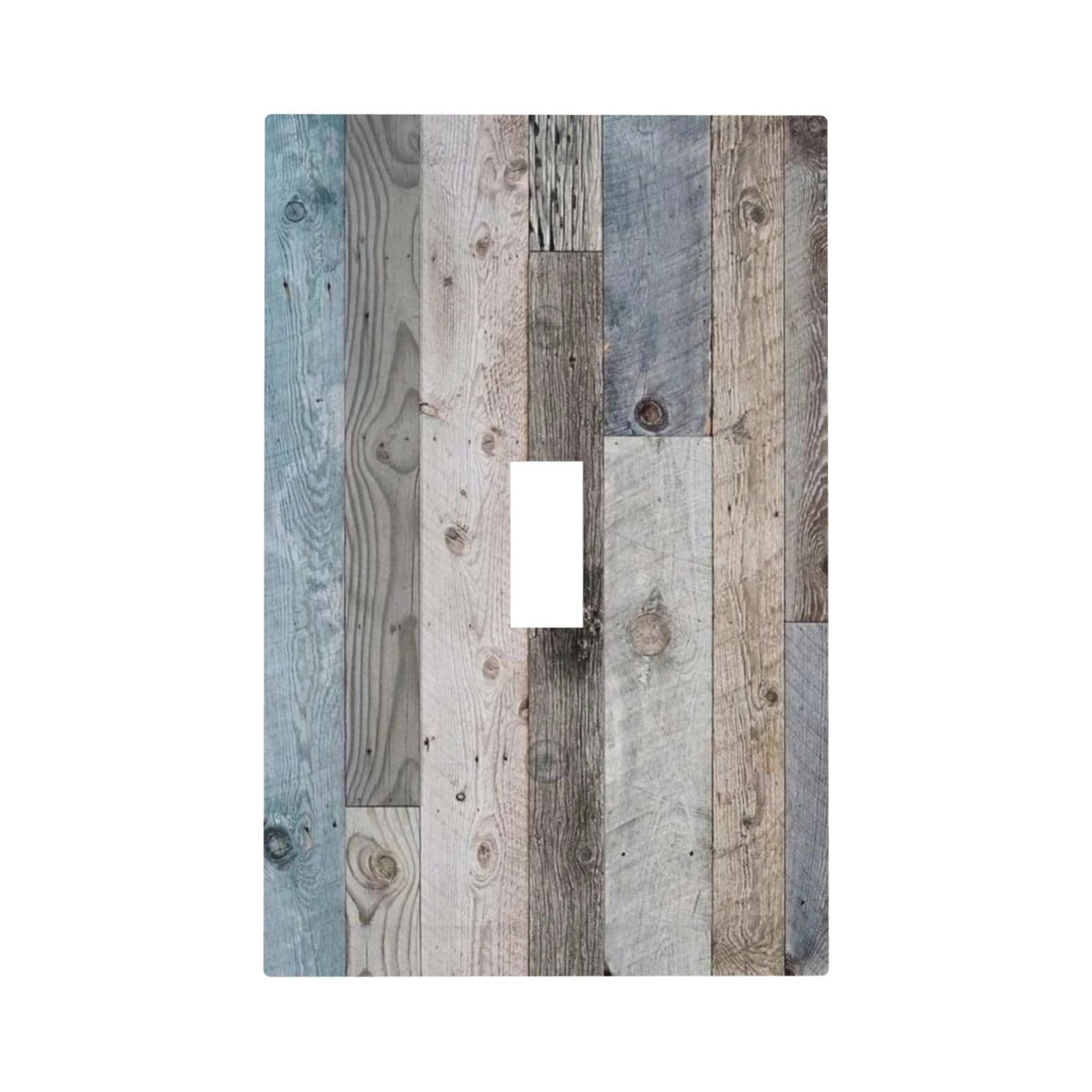 Vintage Rustic Kitchen Teal Blue Brown Wooden Wood Decorative Single Toggle One Device Decorator Outlet Light Switch Cover 1 Gang Wall Plate Old Country Barn Cabin Receptacle Face Switch Plate Cover
