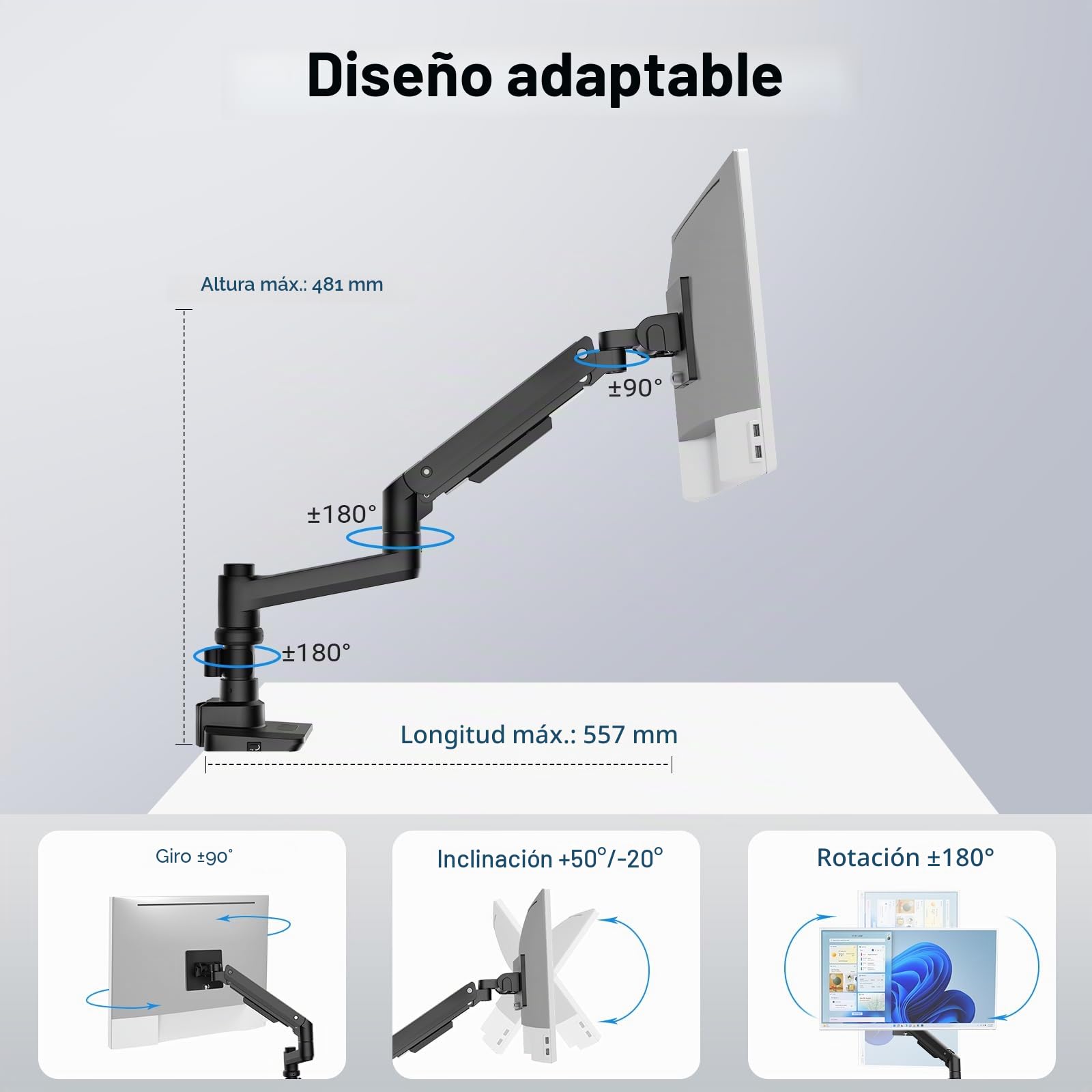 Wiltec Soporte para Monitor de 17" - 49" hasta 20 kg de Capacidad de Carga, Ajustable, Montaje de Pantalla Curva Brazo para Monitor con Placa VESA