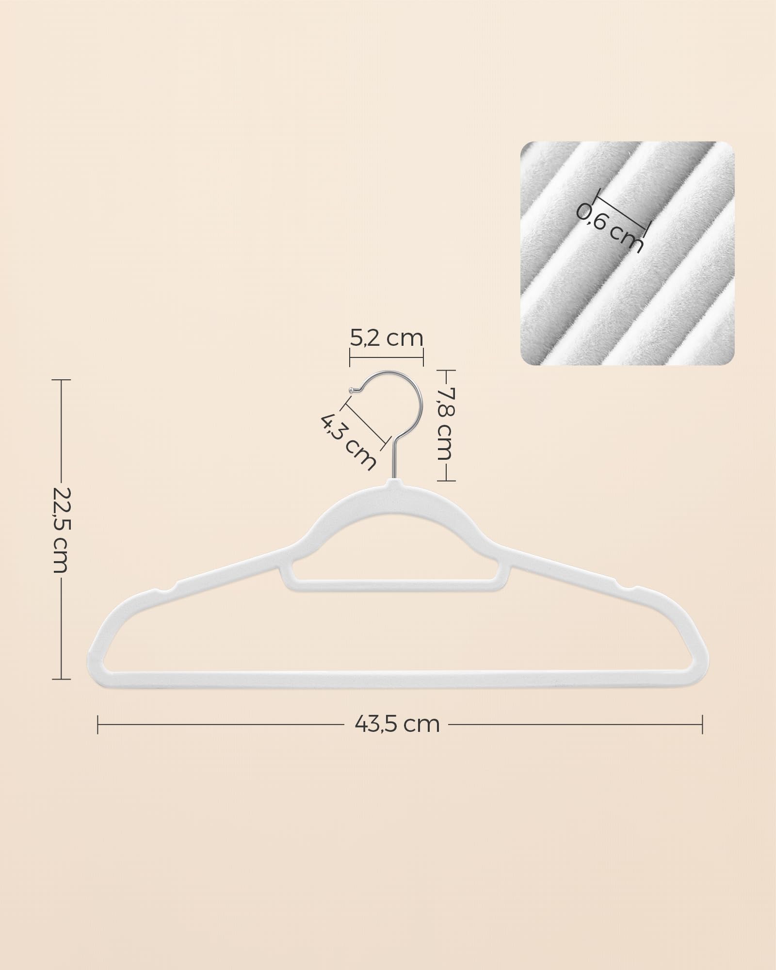SONGMICS Kleiderbügel Samt, 100er Set, rutschfest, platzsparend | Bügel,43,5 cm lang,0,6 cm dick, kleine Stange für Krawatten,360°drehbarer,Silbern-Wolkenweiß,BREANNA Kollektion CRF020W02-2J