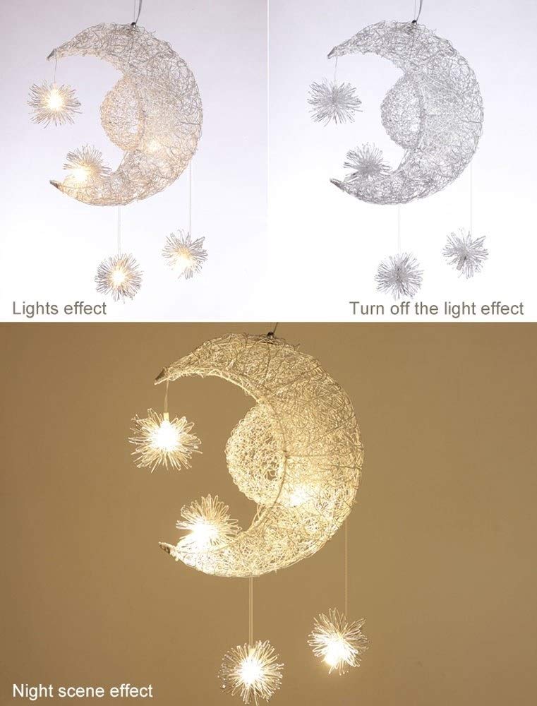 LED-Pendelleuchten, G4, moderner romantischer Mond- und Stern-Kronleuchter, Lichterkette, künstlicher Anhänger, Aluminium-Drahtkäfig, Decken-Hängeleuchte für Kinderzimmer, Kinderzimmer, Wohnzimmer, 5