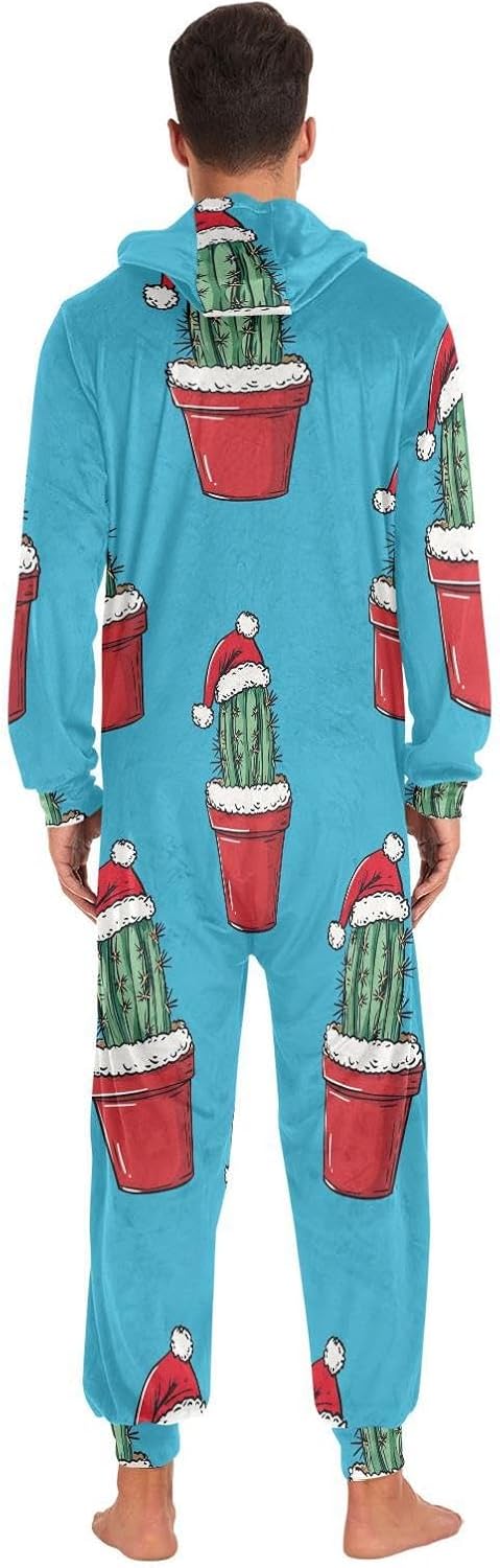 ZZKKO Christmas Cactus Potted Adult Onesie Pajamas for Women Men Cozy One Piece Pajamas Costume Zip-Up Hooded S-XL