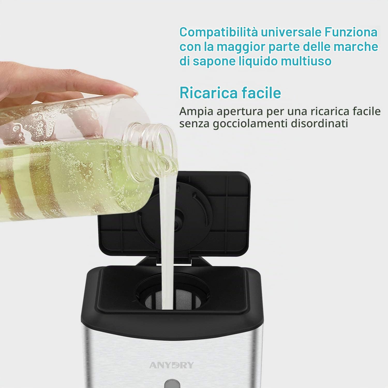 anydry AD1206 Distributore Automatico di Sapone Liquido per Montaggio a Parete Commerciale Finitura in Acciaio Inossidabile 1100 ml Grande capacità (Spazzolato)