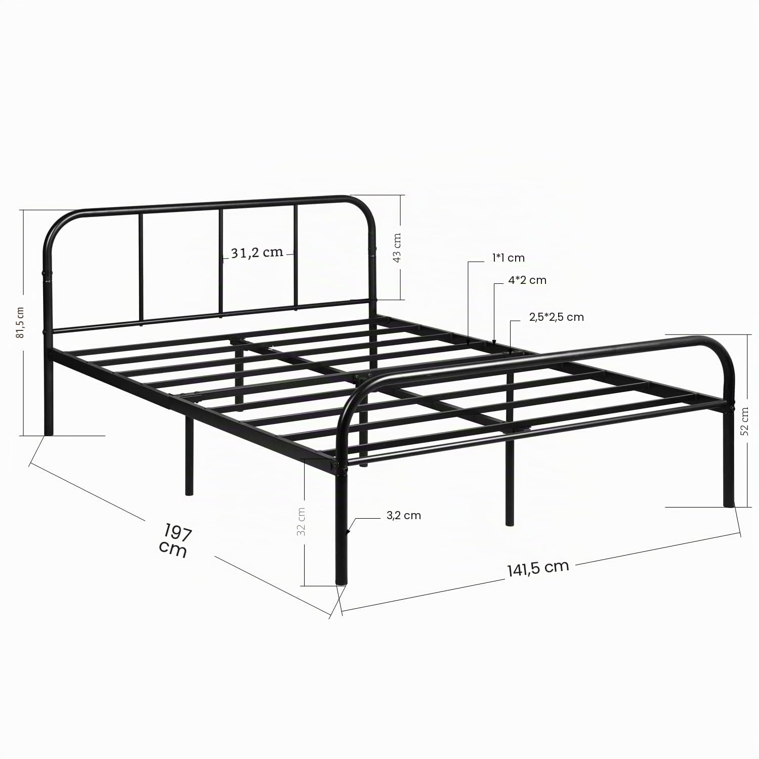 Métal Cadre de Lit Double 140x190 cm, Structure en Métal, Sommier à Lattes Robuste et Durable, avec Tête et Pied, Facile à Monter, Nombreux Rangements sous Le Lit, Noir