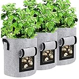 Grow Bags 3-Pack 7 Gallon Smart Pots Potato Bags Visualization Vegetable Bags with Handles, Premium Breathable Nonwoven Fabric Pot/Plant Container for Potato, Carrot, Onion (3-Pcs Plant Labels, Gray)