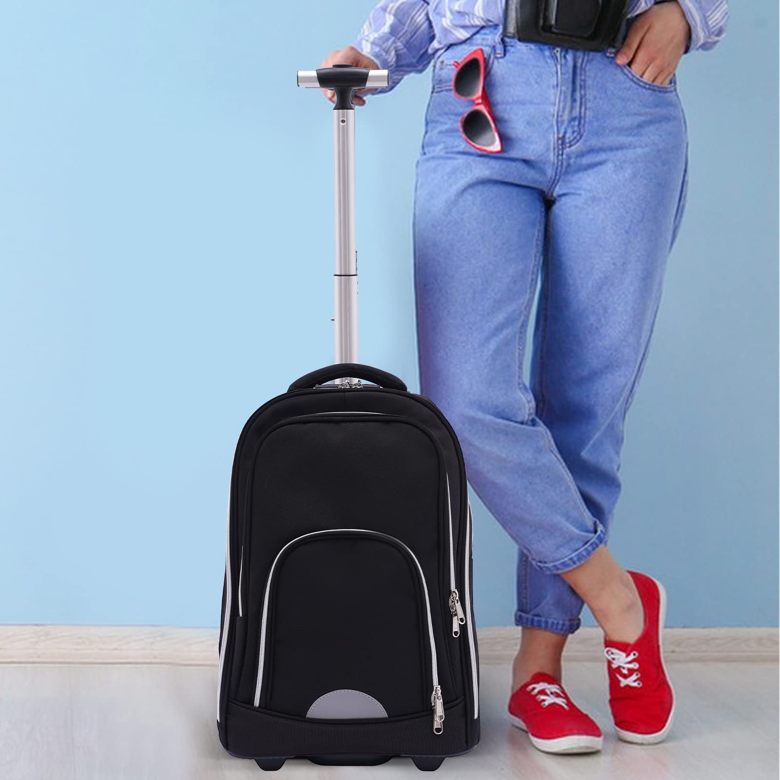 Zaino trolley da 45 l, con ruote, impermeabile, per laptop da 15 pollici, bagaglio a mano 3 in 1, ruote silenziose da 7 pollici, trolley in alluminio regolabile in altezza, per scuola, lavoro