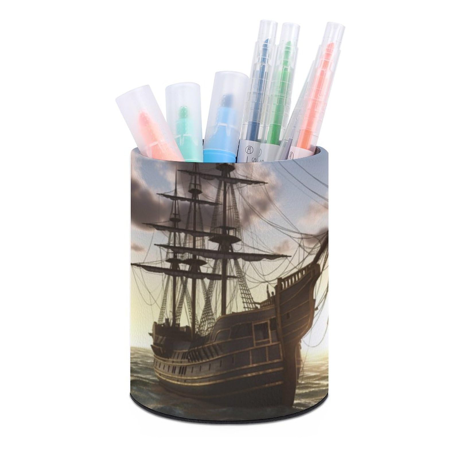 JTREHY Round Pen Holder,Pirate Ship Printed Makeup Brush Storage Box Desktop Stationery Storage Cup Office Accessories Storage Box Pencil Storage Box for Home Office Dressing Table
