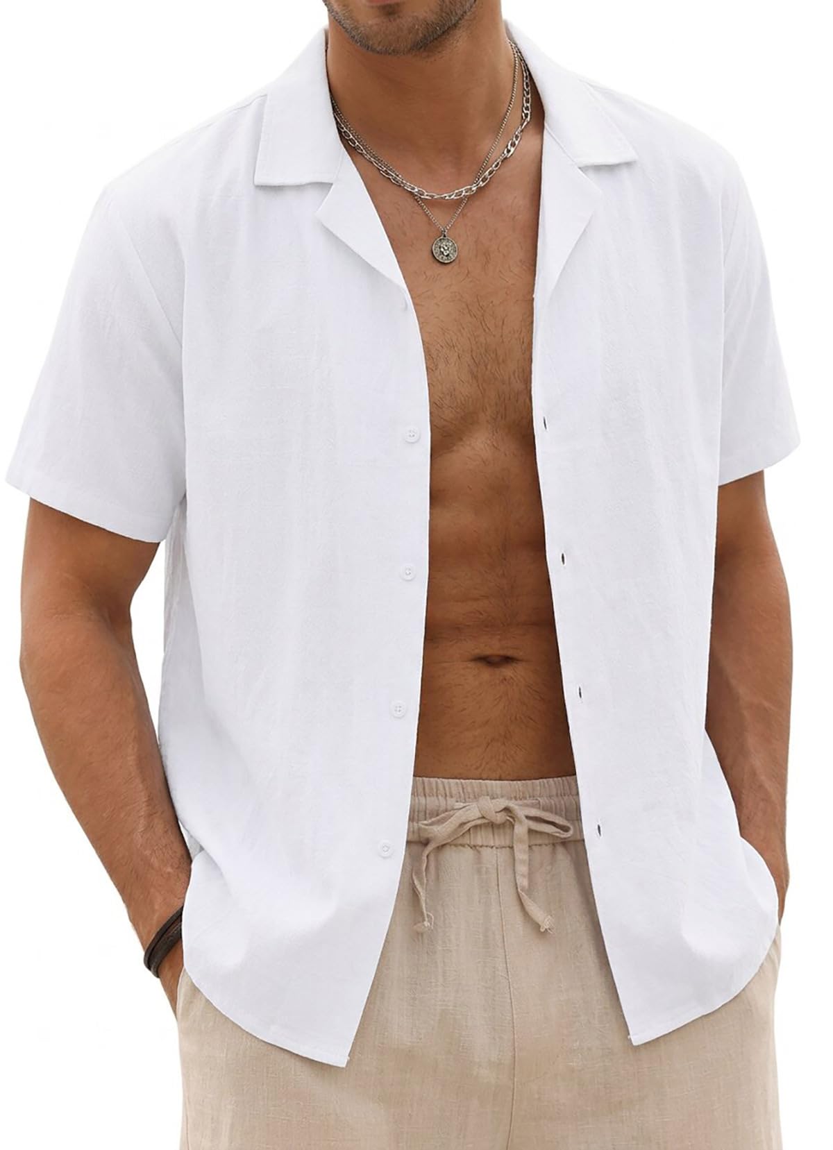 Halfword Leinenhemd Herren Kurzarm Hemd Sommer Freizeithemd Strandhemd Baumwolle Leinen Einfarbig Shirts