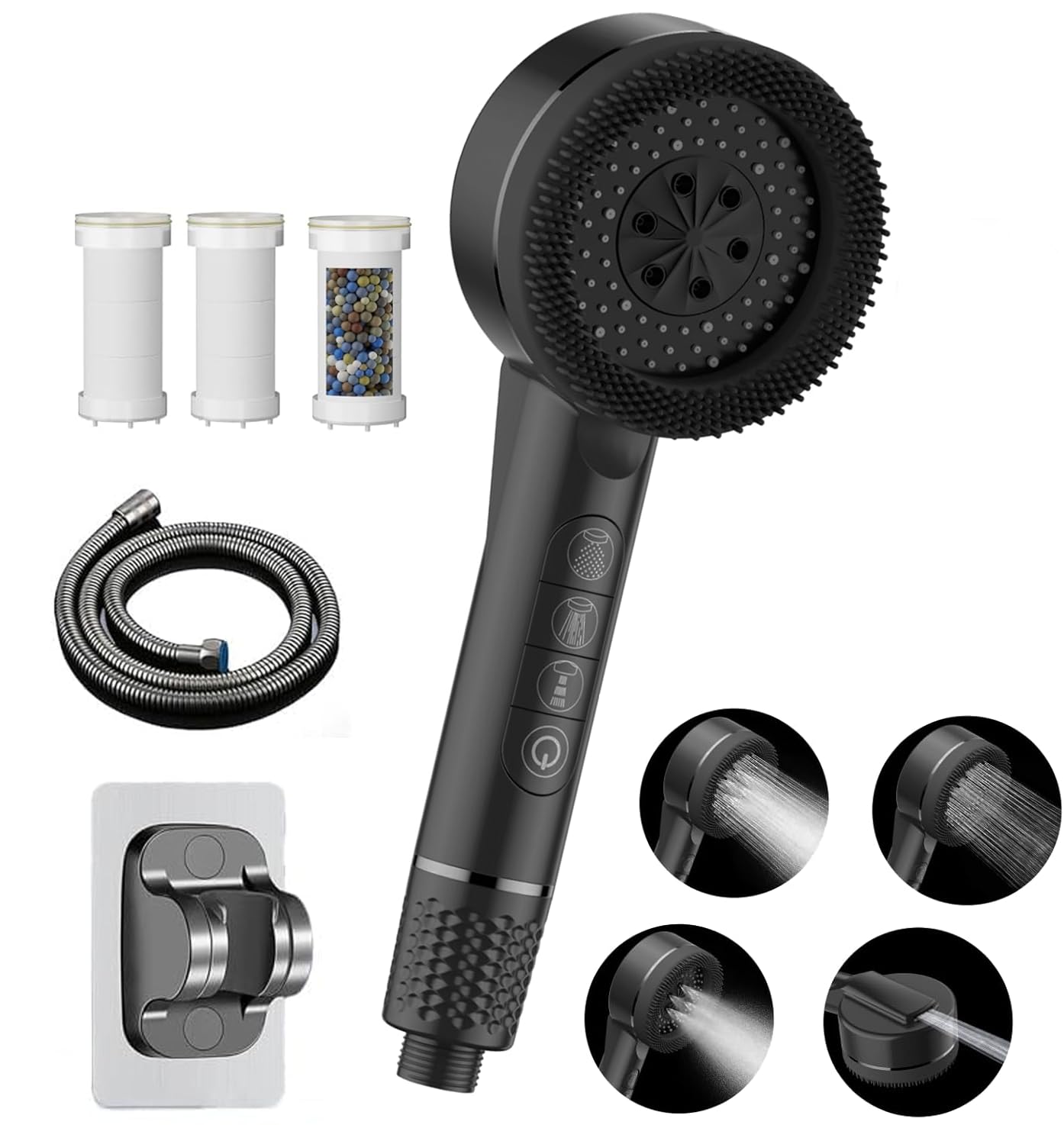 Dusch F Black High Pressure Shower Heads, Hard Water Filter Shower Head With 1.5M Shower Hose And Shower Stand, 4 Mode With Pause Switch, Handheld Massage Powerful Shower Head For Chlorine Remove,