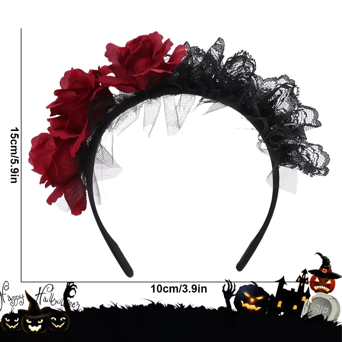 UZEXYO Red Rose Headband Halloween Flower Crown Gothic Accessories for Women Black Lace Headdress Day of the Dead Costume Headpiece - Image 2