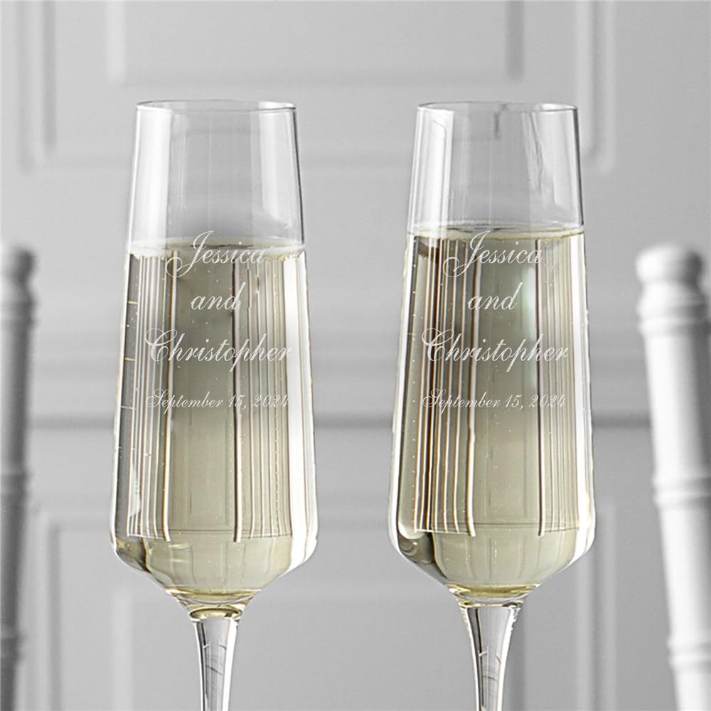 Personalized Wedding Couple Champagne Estate Glasses Set of 2, Laser Engraved, 9.5 oz, Champagne Flutes for Wedding, Gift for Birde and Groom, Wedding Reception