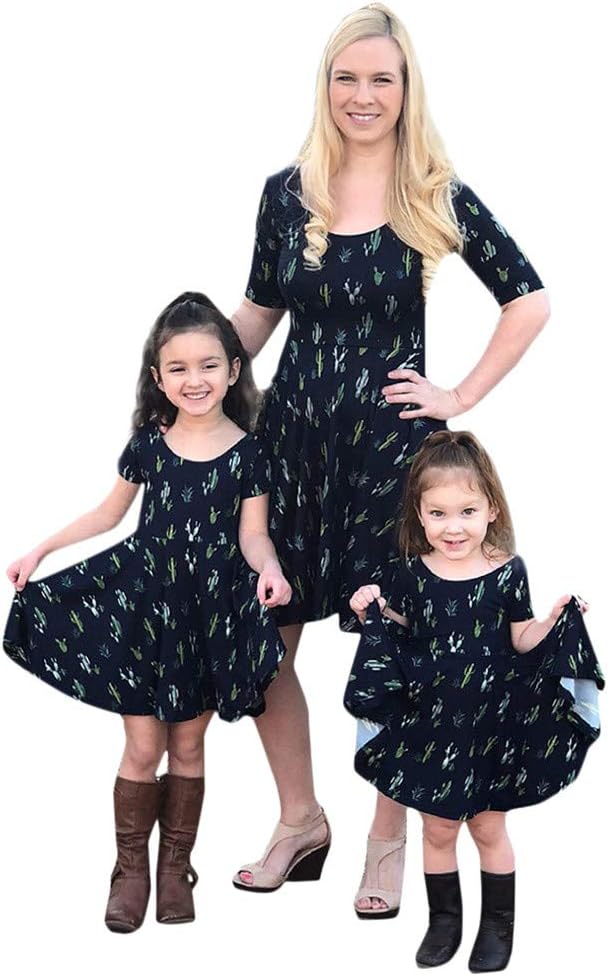 HOMEBABY BabyFamily Matching Clothes Summer Cactus Print Short Sleeve Dress Mother Daughter Dresses Vintage Retro Girls Kids Ladies Sundress Boho Tunic Dress Casual Birthday Princess Party Dress