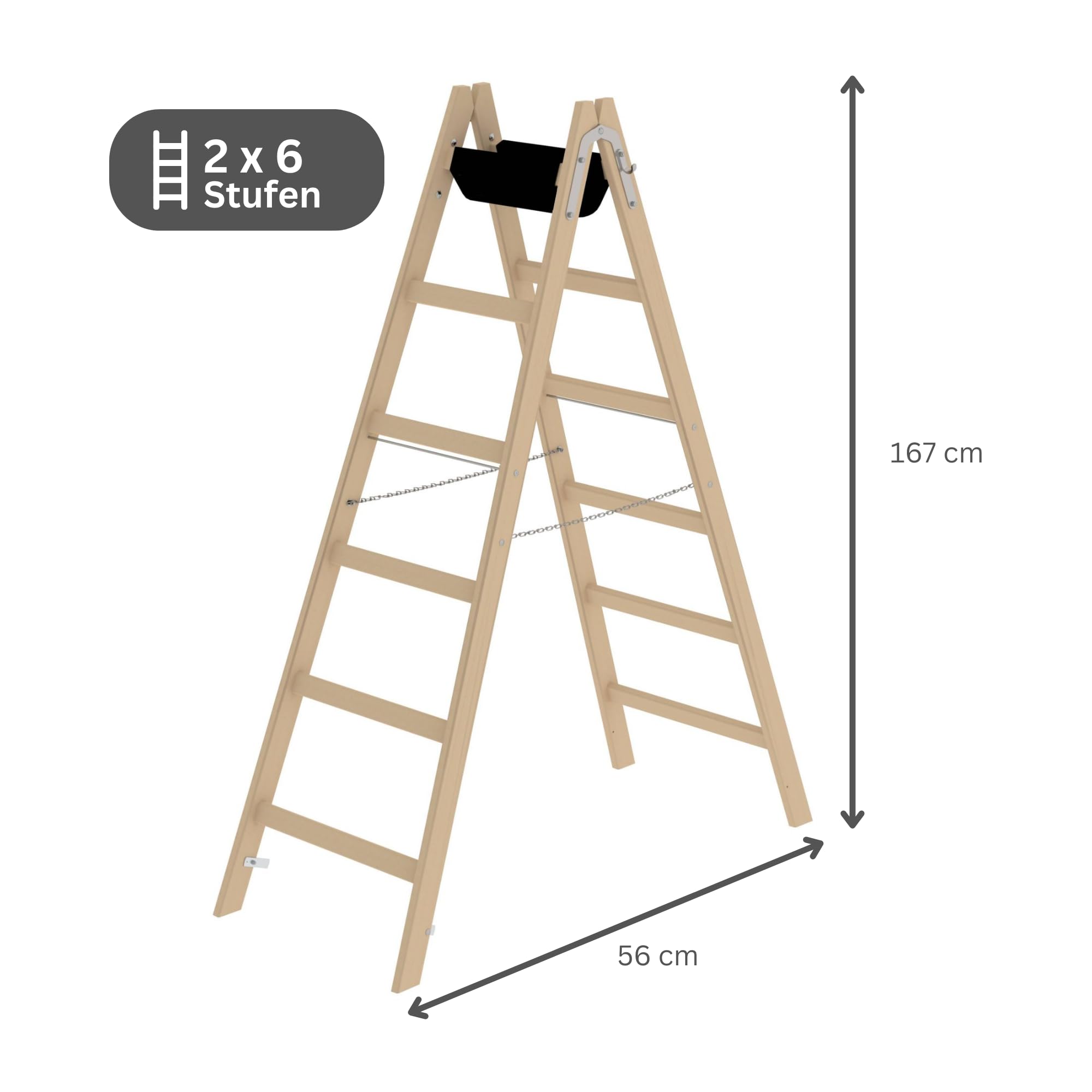 PROREGAL Escabeau en bois avec plateau à outils | 2 x 6 échelons | Échelle télescopique, escabeau, escabeau, échelle fixe, double échelons
