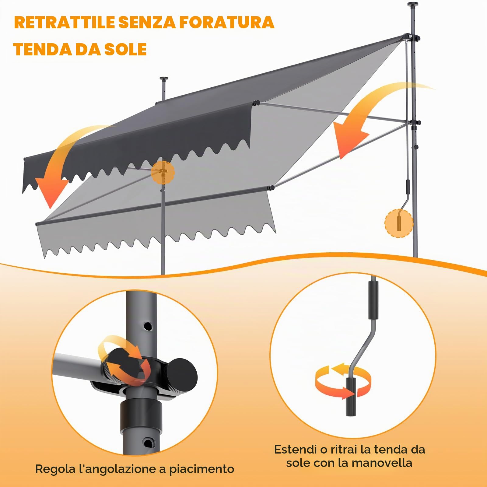 LIFERUN Tenda da Sole Senza Foro,250 x 120cm,A Manovella,per Balcone,Grigio | Inclinazione Regolabile,Impermeabile,Protezione UV,Protezione Privacy,Alluminio,Rivestimento in PU,Terrazzo,Portafinestra