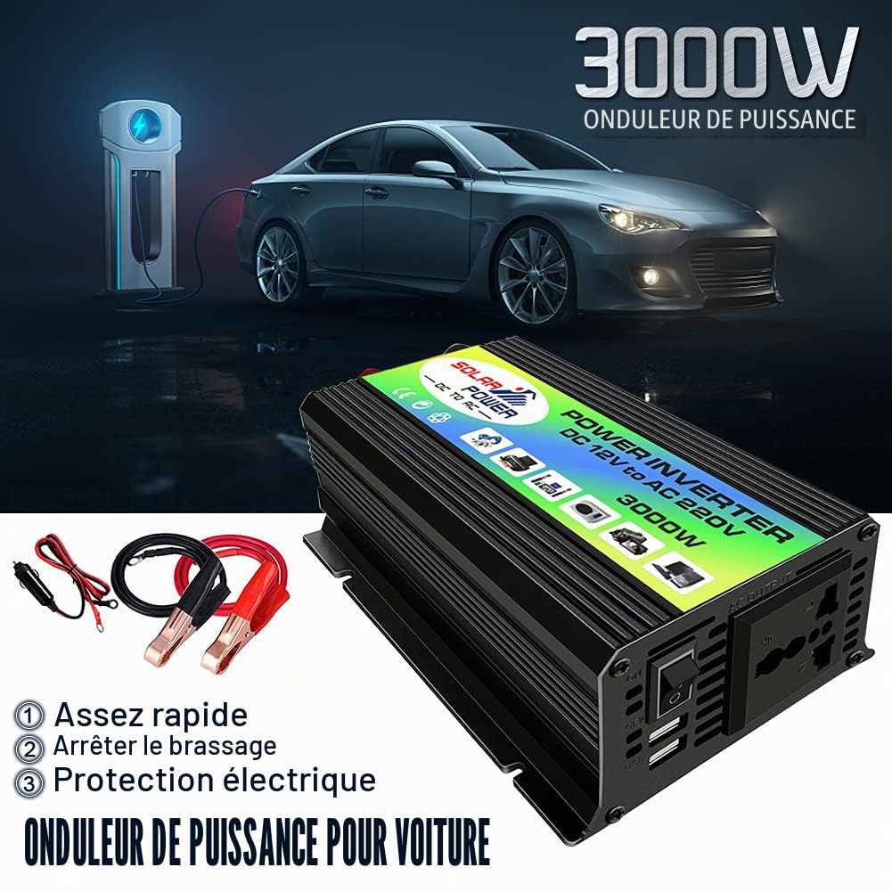 Convertisseur de courant pour voiture de 12 V 220 V 3000 W, convertisseur de capacite de tension pour telephone portable Pad et tablette (puissance 300 W)