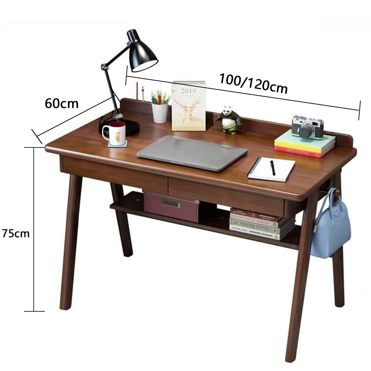 Massivholz Schreibtisch mit 2 Schubladen – Mid-Century Computertisch für Homeoffice, 80/100120 cm Arbeitstisch mit Ablage und Haken, stabiler PC-Tisch für Studenten (Nussbaum, 80cm)