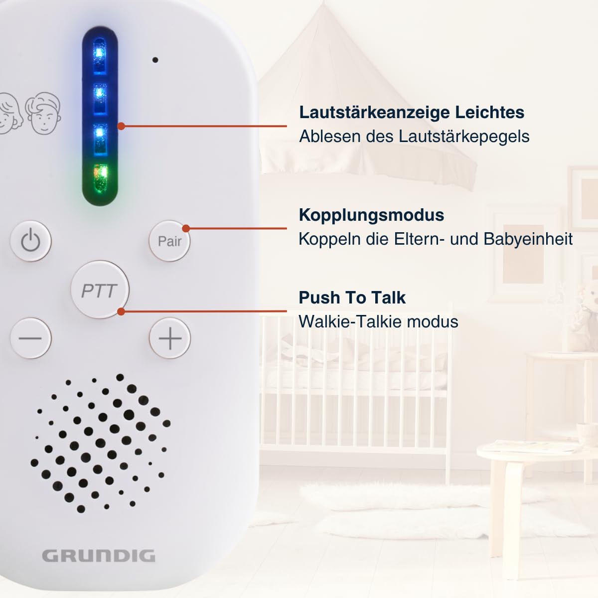 Grundig DECT Audio-Babyphone – Babyfon mit 150 m Reichweite – Eltern-Kind-Einheit – mit LED-Tonanzeige und Gegensprechfunktion – Kinderzimmer-Zubehör – Weiß