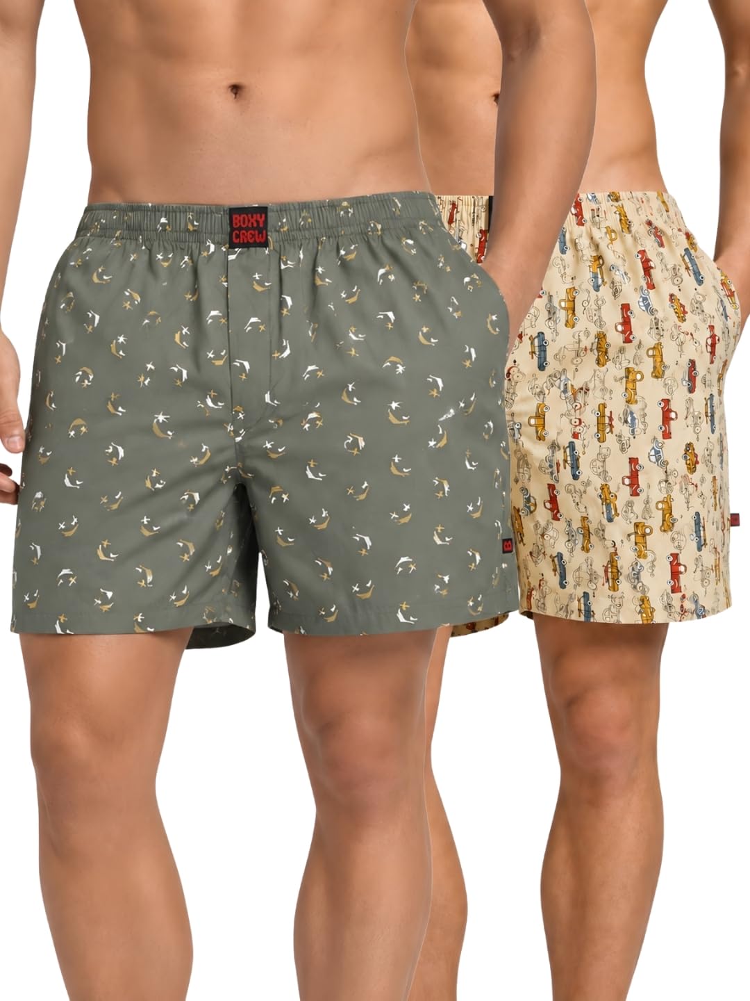 boxy crew Men Boxer Shorts Pack of 2, 100% Cotton Woven Boxers, Green & Beige, Printed Designs, Dual Side Pockets, No-Marks Inner Elastic Waistband, Relaxed Fit Lounge & Sleep Shorts-picture-43
