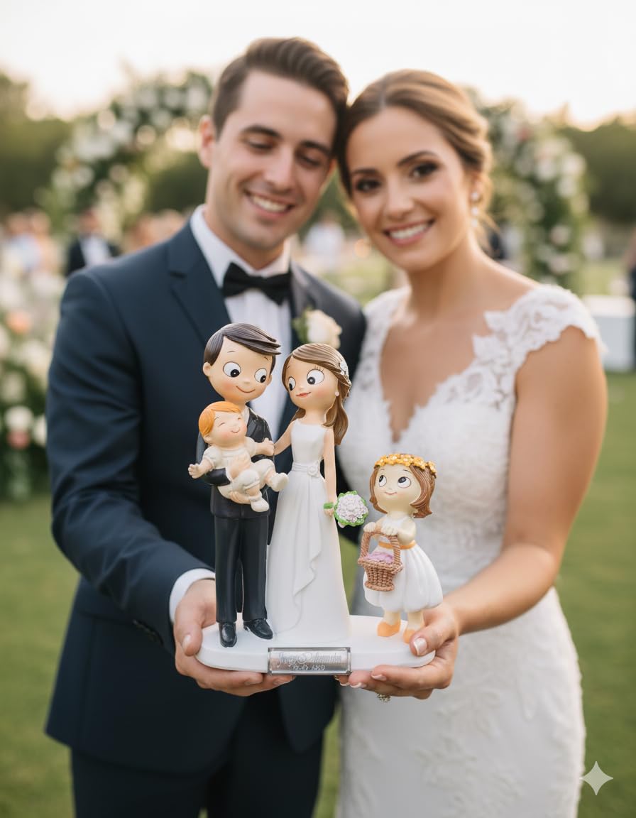 Figura Boda Novios con Dos Hijos Bebé e Hija Niña GRABADA Personalizada con Nombres y Fecha para Tarta