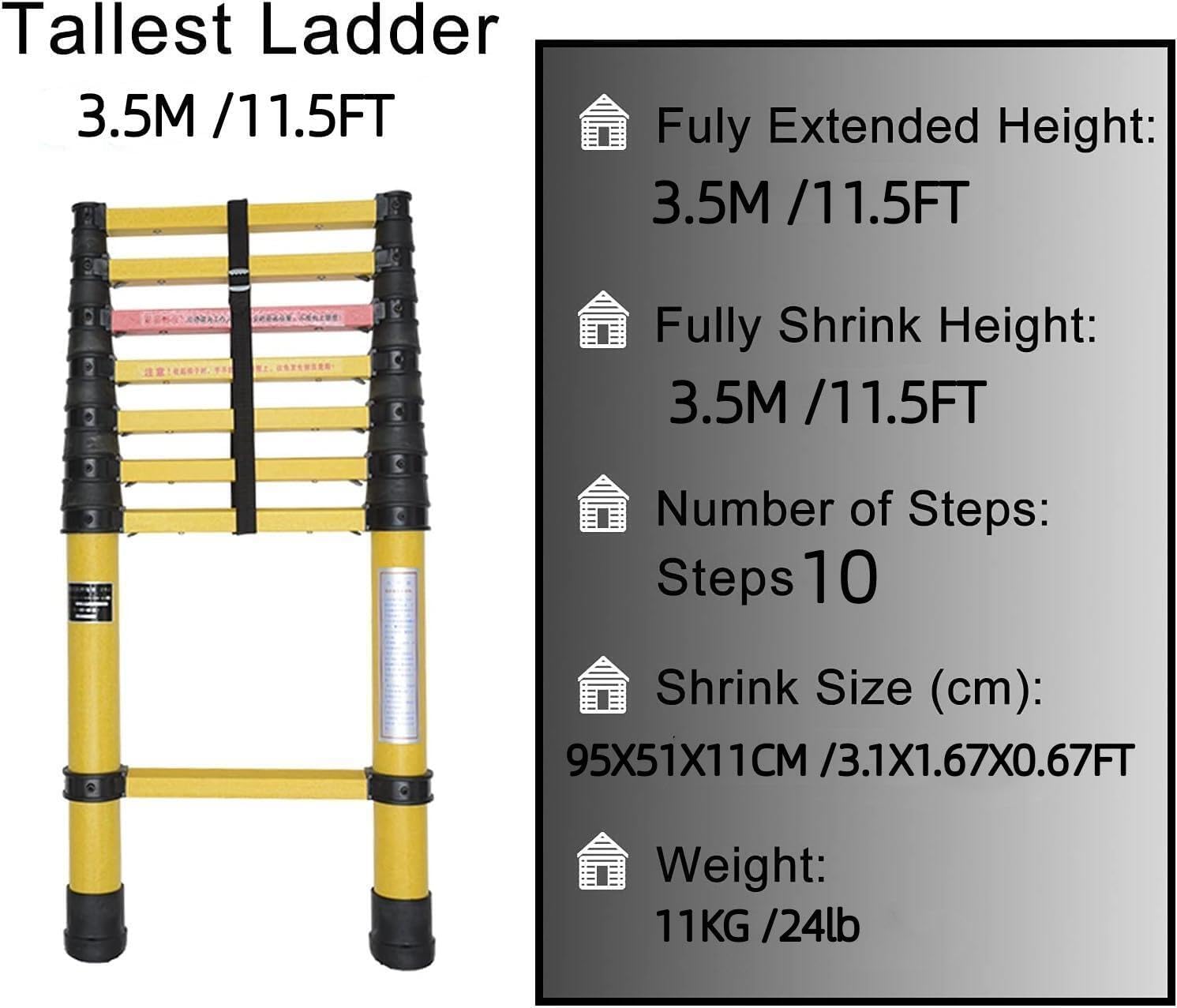Telescoping Ladder, 11.5 Ft Fiberglass Collapsible Insulation Extension Ladder, Portable Telescopic for Electrician Electricity, Compact Folding Ladder (11.5Feet/3.5M)