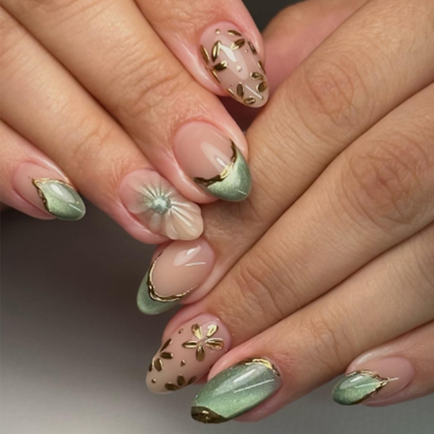 French Tip Press on Nails Short Oval Almond Fake Nails with 3D Cute Flowers False Nails with Gilded Designs Acrylic Nails Chrome Gold Stick on Nails