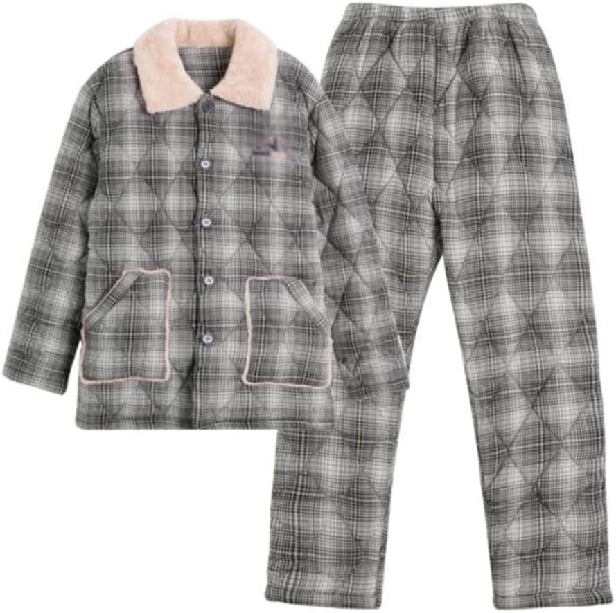 Thickened Winter Men's Pajamas Long-sleeved Cotton Three-layer Quilted Plaid Autumn And Home Service Suit