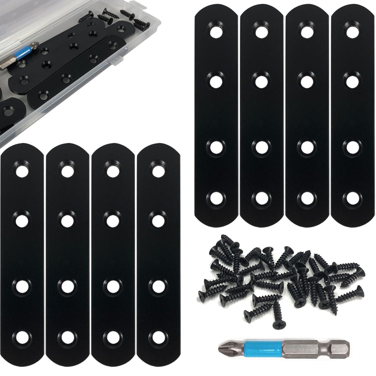 8 Pcs Black Straight Mending Plate Bracket Brace Stainless Steel Straight Brackets 95mm / 3.74" Wood Brace with Screws and Screwdriver