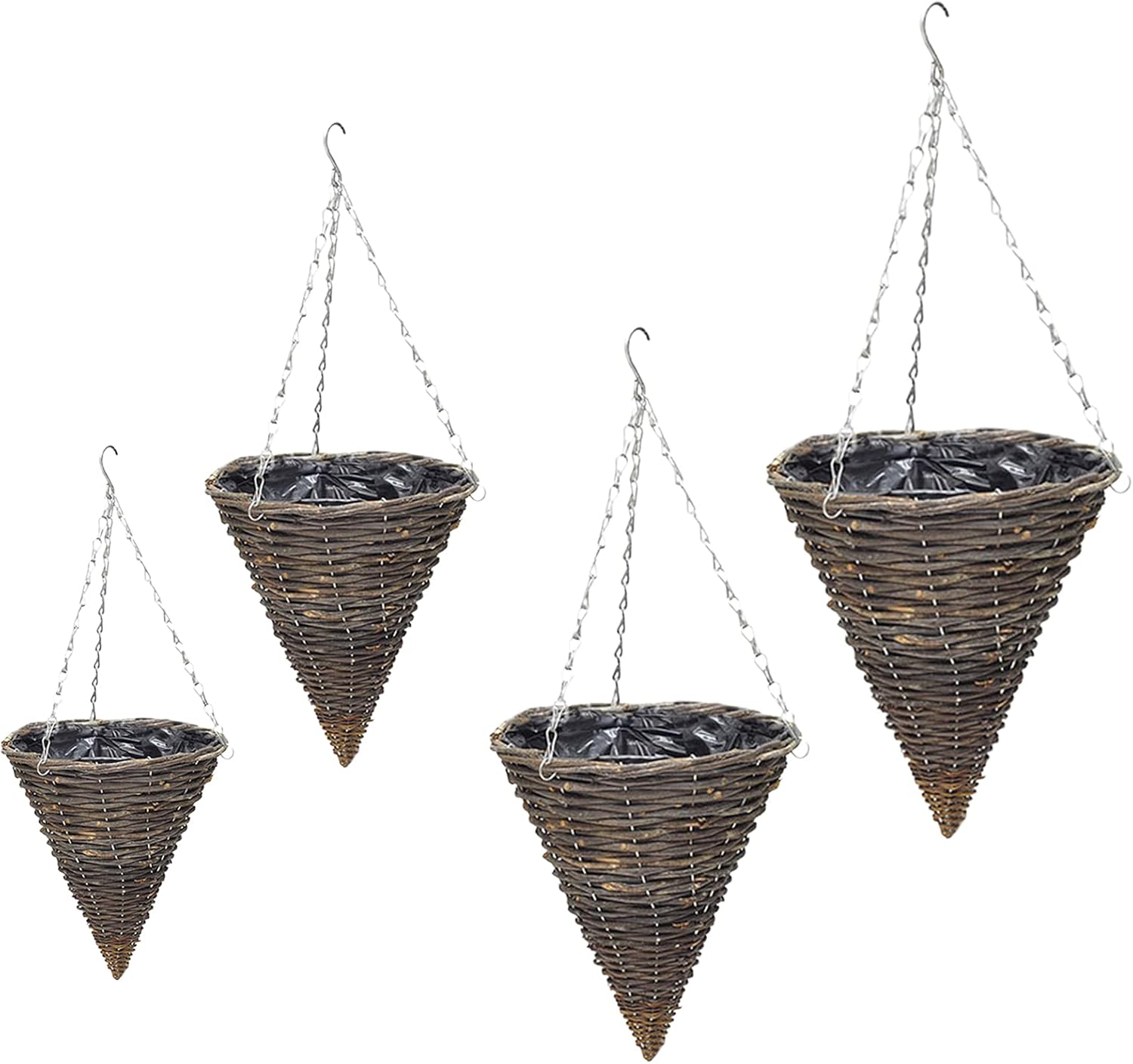 Rustic Cone Shape Hanging Flower Basket, Rattan Wall Hanging Planter Pot with Hanging Chain, for Outdoor Home Garden Wall Decor (M: 31*26*20cm, chain 36cm)