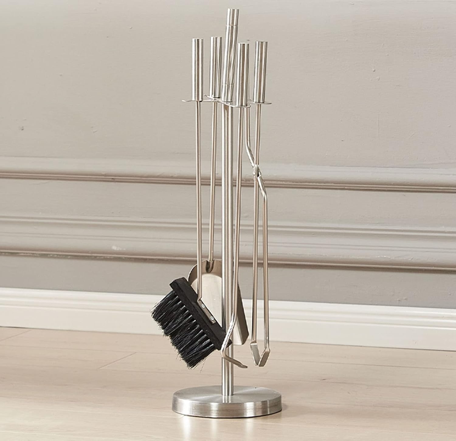 Fireplace Tool Stainless Steel Fireplace Tools Set 5 Piece Hearths Fire Pit Tool Kit Modern Home Stove Tool Set with Brush Shovel Tong Poker and Base