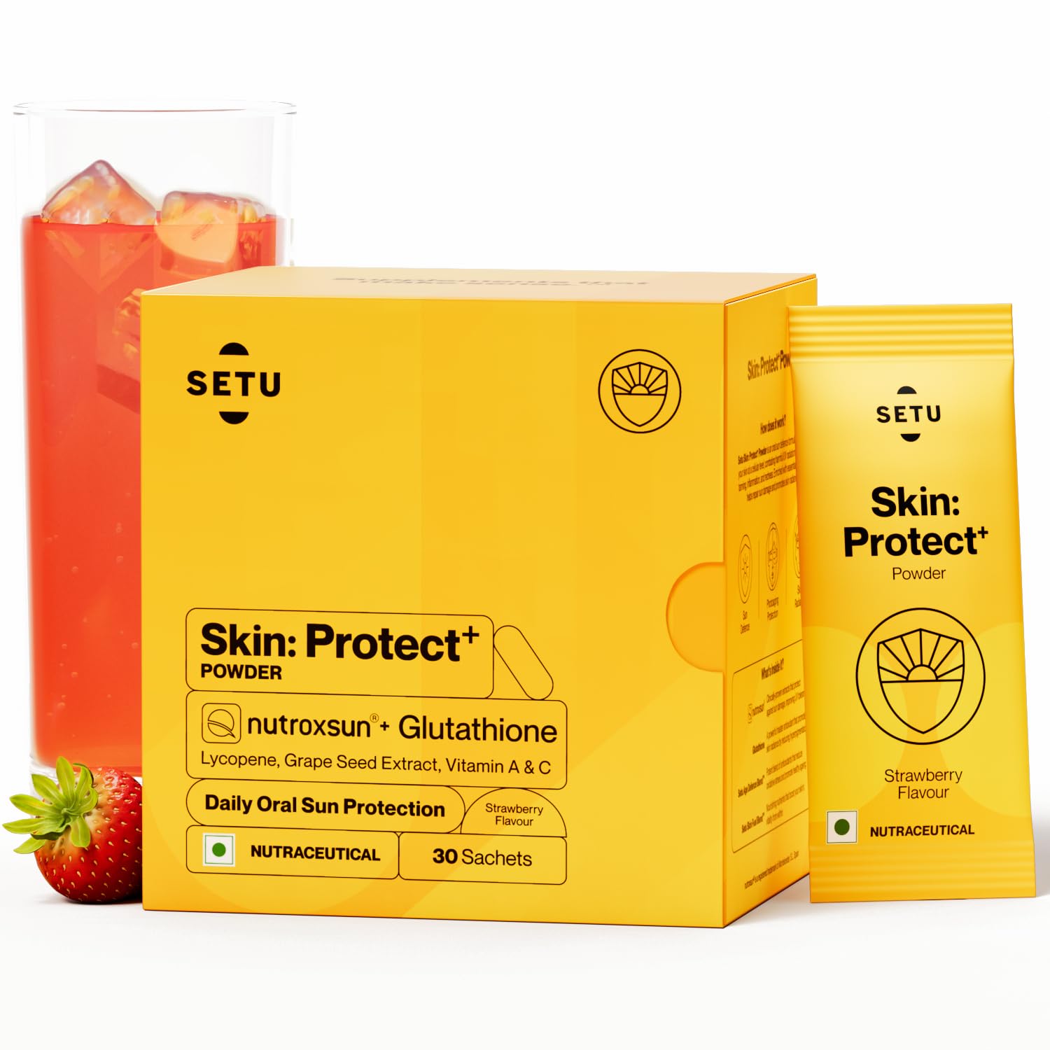 Setu Skin Protect - Drinkable Sunshield with Plant Based NutroxSun & Glutathione for Advanced Sun Protection | Boosts UV Tolerance, Reduces Pigmentation & Photoaging (30 Sachets, Strawberry)
