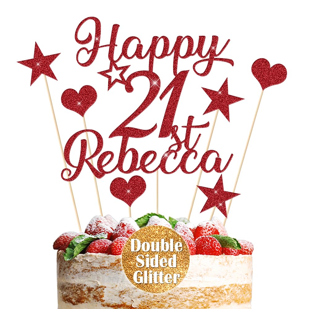 Personalised Cake Topper Custom Multicoloured Non-Shed Double Sided Glitter Cake Decoration Happy Birthday Cake Topper with Any Name Any Age 13th 21st 30th 50th (Red)