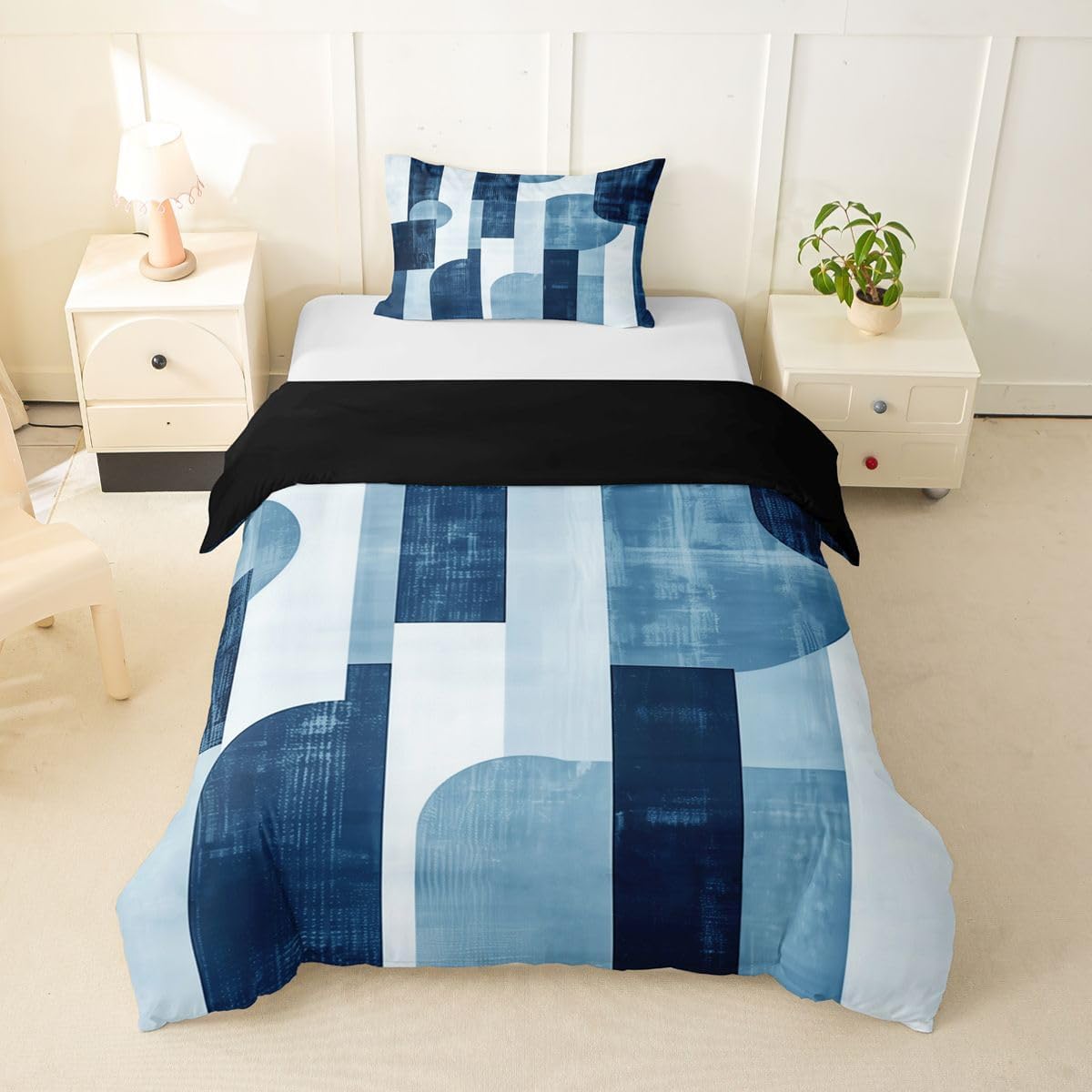 Feelyou Mid-Century Geometric Duvet Cover Twin Size Modern Block Artwork Comforter Cover for Boys Girls Indigo & Blue 2Pcs Room Decor No Comforter Breathable Soft Lightweight Microfiber