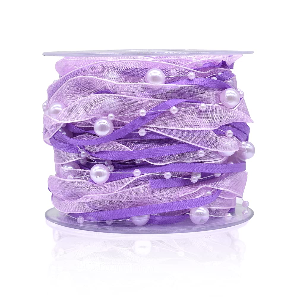Photo 1 of 10M ArtificialBead Pearl Ribbon Chiffon Ribbon and Organza Lace Trims for Wedding Flower Christmas Tree Decoration Sewing Craft Packaging (Purple)