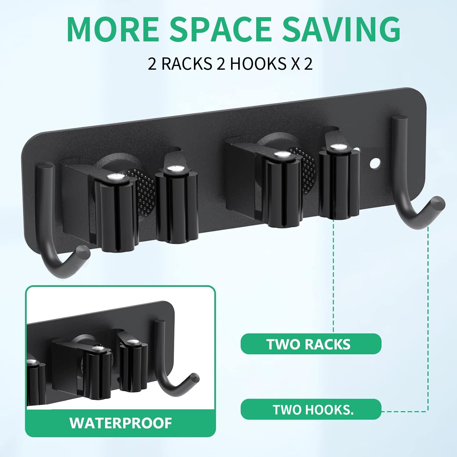 Soporte para Escobas de Pared, Soporte para Escobas de Pared de Acero Inoxidable con Ganchos, 2 Piezas, Autoadhesivos o Tornillos Perforados Incluidos, para Cocina, Baño, Garaje y Jardín - Negro
