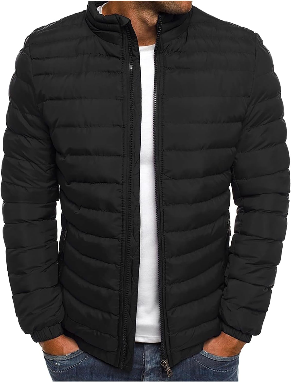 WENKOMG1Puffer Jackets For Men,Solid Lightweight Packable Outerwear Zip Up Warm Cozy Removable Hood Jackets