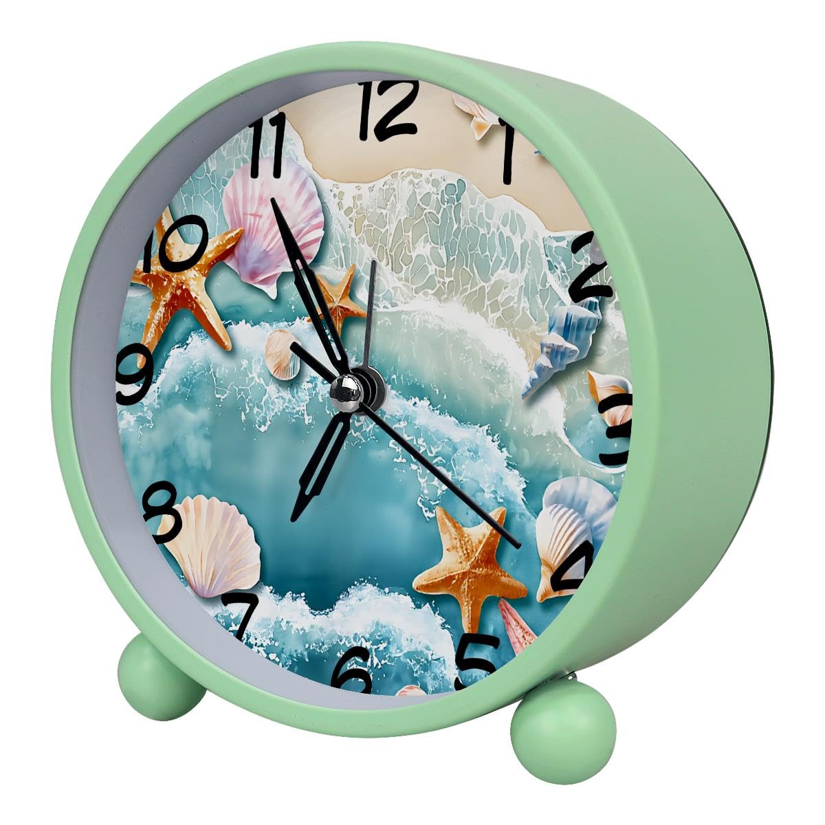 Luoweisi Analog Alarm Clock Beach Starfish Seashell, Silent Non-Ticking with Night Light, Battery Operated, Round Desk Alarm Clock for Office, Bedroom, Elderly, Adults, Children, Student Gifts