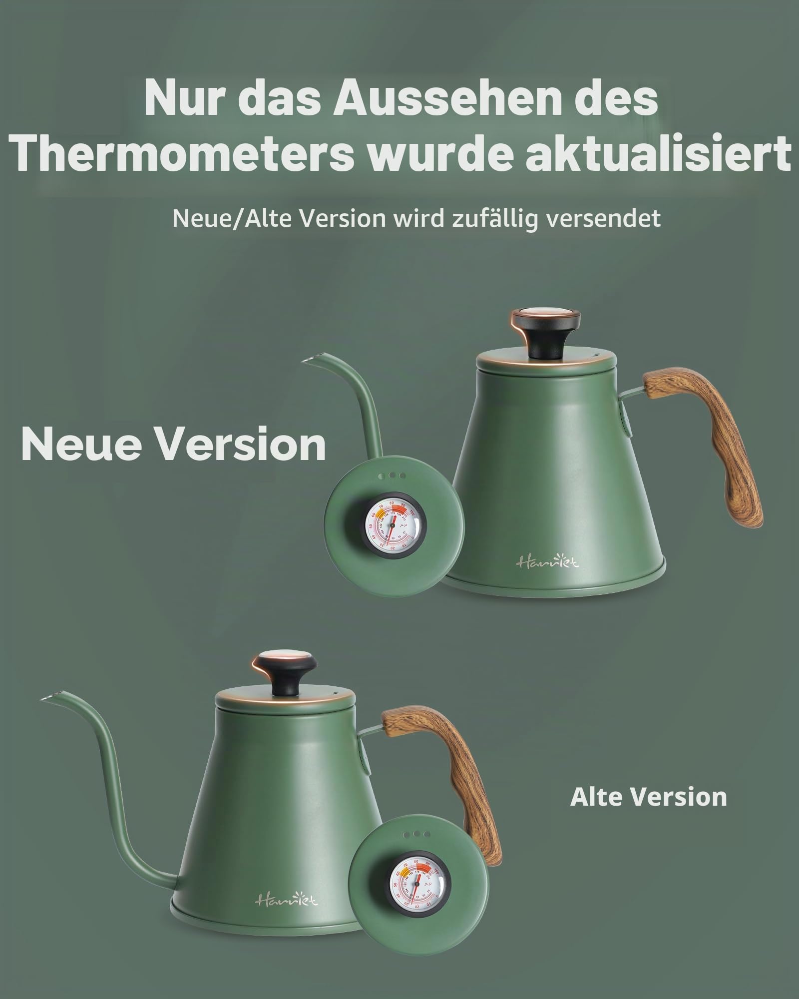 Harriet Schwanenhals-Wasserkocher, 1048.9 g Pour Over Wasserkocher für Herd, Kaffeekessel mit Thermometer, Edelstahlkessel mit 3-lagigem Boden, Anti-Heiß-Griff, für Tropfkaffee und Tee, Grün