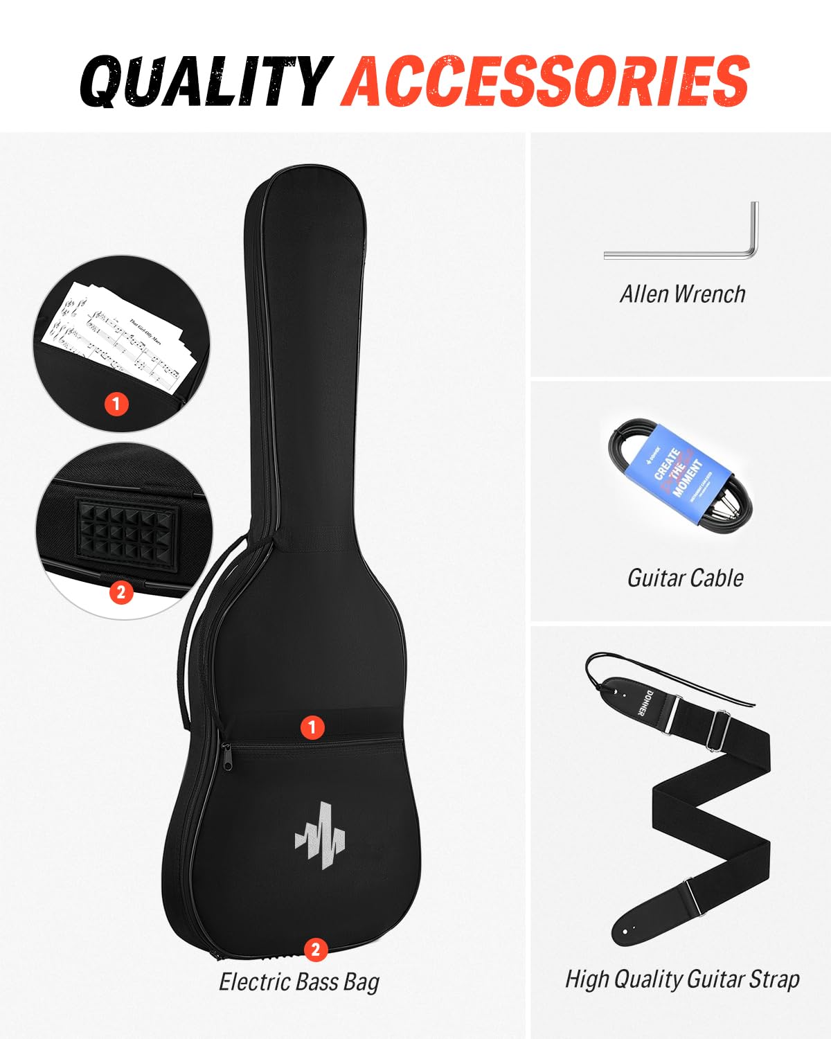 Donner DSC-128 E-Gitarren-Anfängerset 39" Schwarz – Volle Größe, massiver Erlenkorpus, H-H-Tonabnehmer, C-förmiger Hals, inkl. Gigbag, ideal für High-Gain Rock
